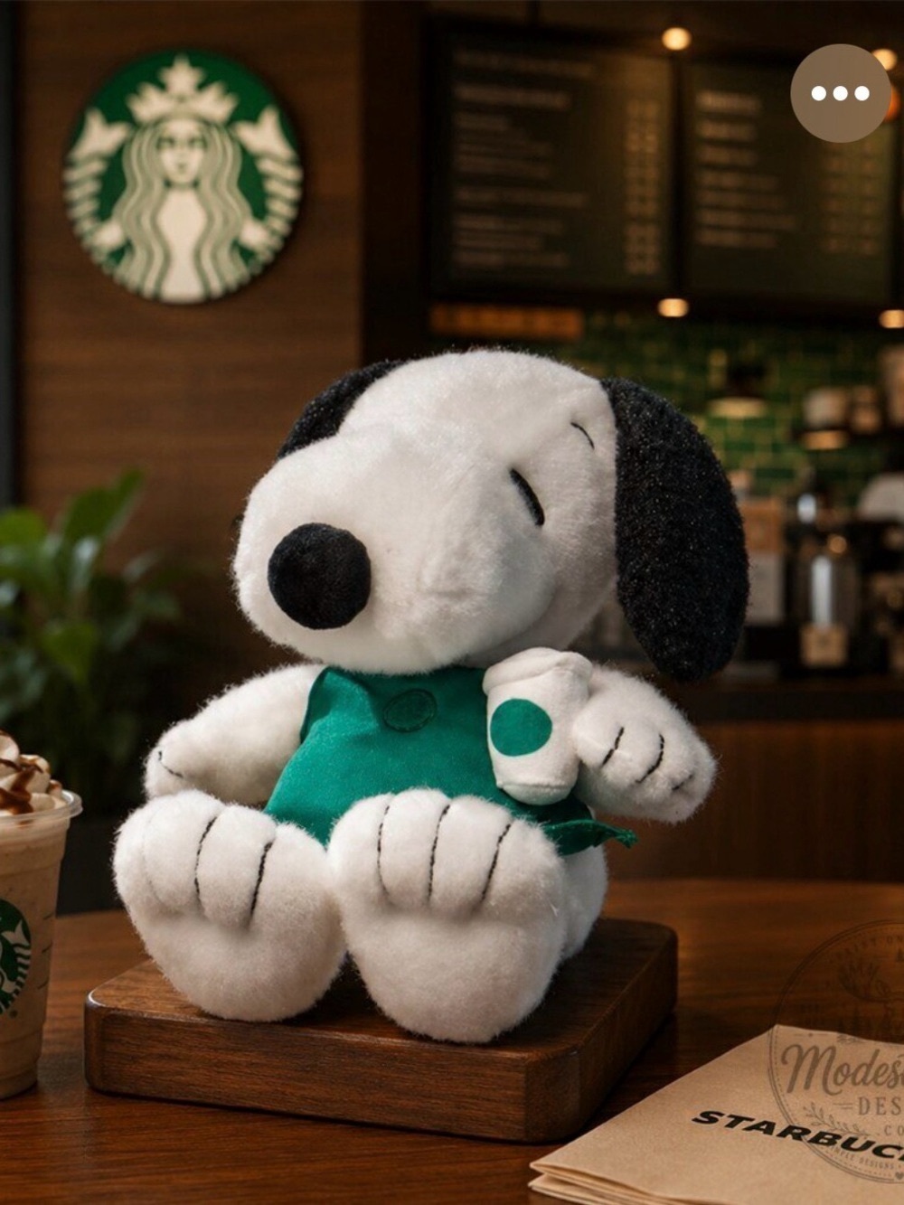 Starbucks White & Black Snoopy Plush Dog Toy with Green Apron